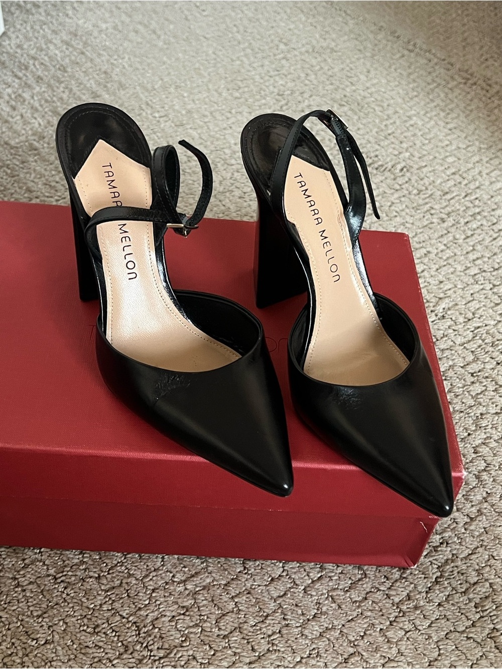Tamara Mellon Black Pointed Toe High Block Heel Slingbacks